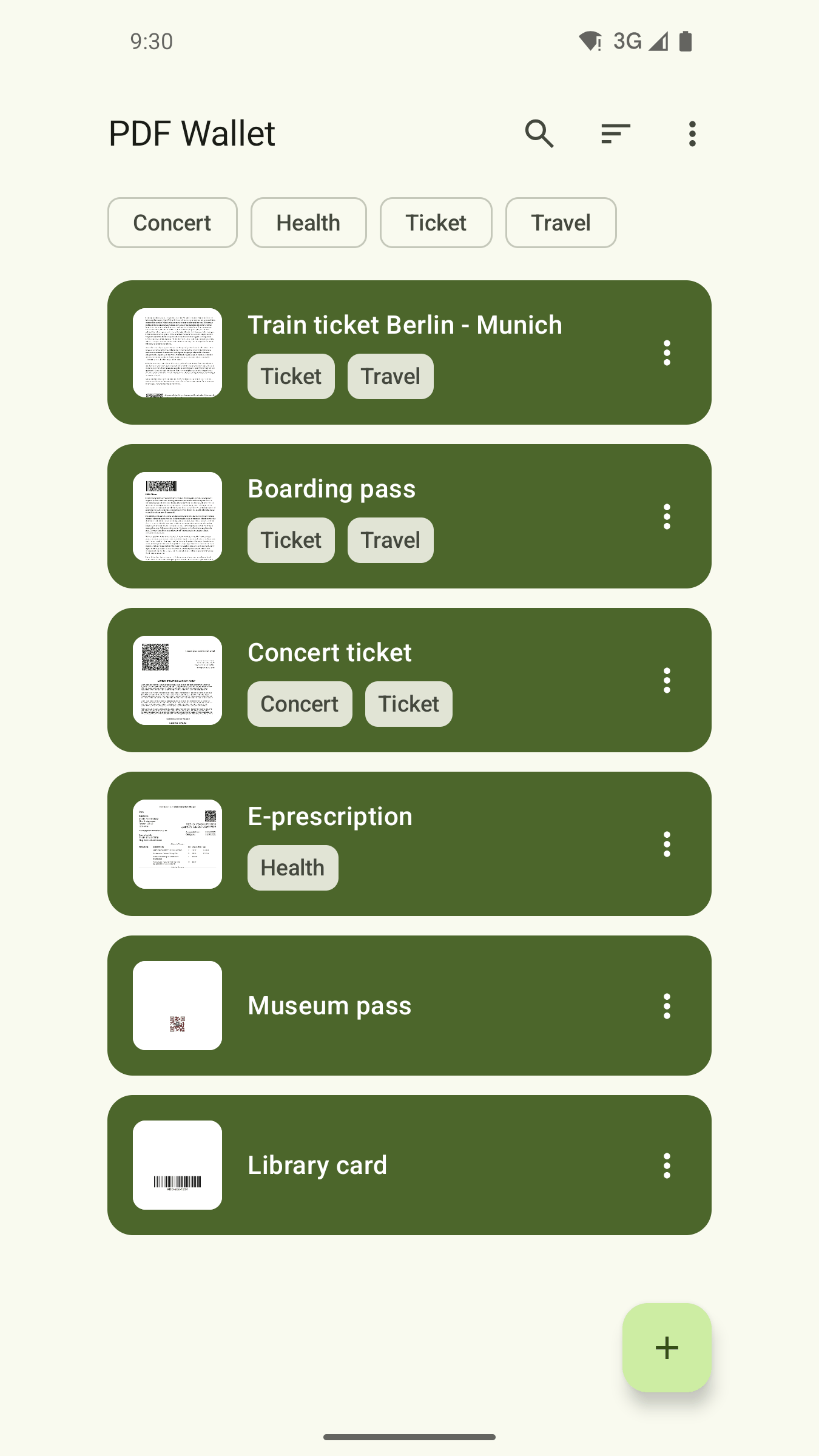 Document list with tags